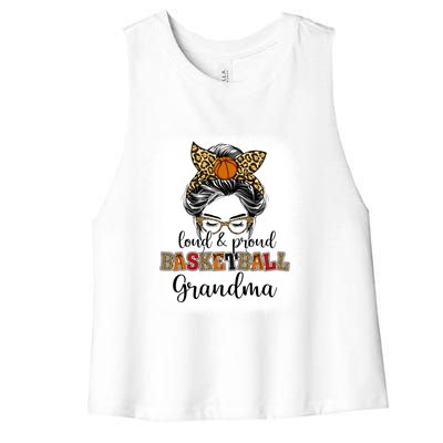 Proud And Loud Basketball Grandma Messy Bun Leopard Funny Gift Women's Racerback Cropped Tank