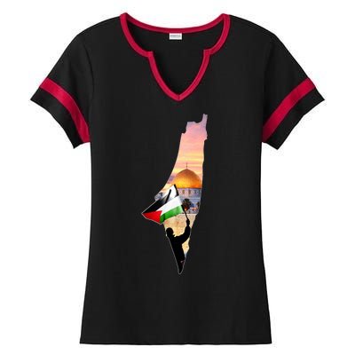 Palestine Map Flag Jerusalem's City Support Gaza Ladies Halftime Notch Neck Tee