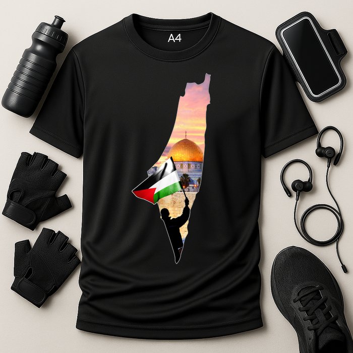 Palestine Map Flag Jerusalem's City Support Gaza Cooling Performance Crew T-Shirt