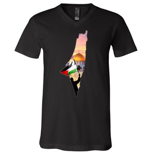 Palestine Map Flag Jerusalem's City Support Gaza V-Neck T-Shirt