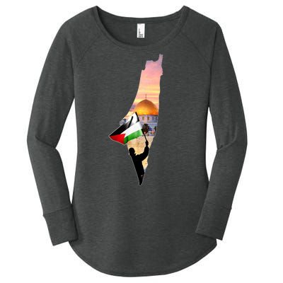 Palestine Map Flag Jerusalem's City Support Gaza Women's Perfect Tri Tunic Long Sleeve Shirt