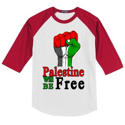 Palestine Will Be Free Raised Fist Kids Colorblock Raglan Jersey