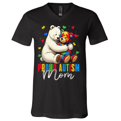 Proud Autism Mom Bear Autism Awareness Autistic Son Daughter V-Neck T-Shirt