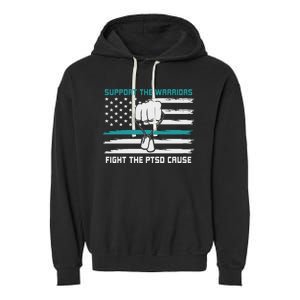 PTSD Awareness Military Teal Ribbon Usa Flag Garment-Dyed Fleece Hoodie