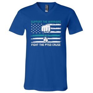 PTSD Awareness Military Teal Ribbon Usa Flag V-Neck T-Shirt