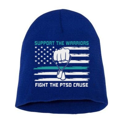 PTSD Awareness Military Teal Ribbon Usa Flag Short Acrylic Beanie