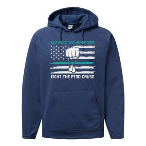 PTSD Awareness Military Teal Ribbon Usa Flag Performance Fleece Hoodie