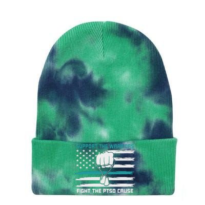 PTSD Awareness Military Teal Ribbon Usa Flag Tie Dye 12in Knit Beanie