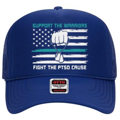 PTSD Awareness Military Teal Ribbon Usa Flag High Crown Mesh Back Trucker Hat