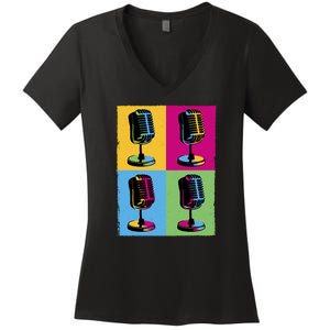 Pop Art Microphone Music Women's V-Neck T-Shirt