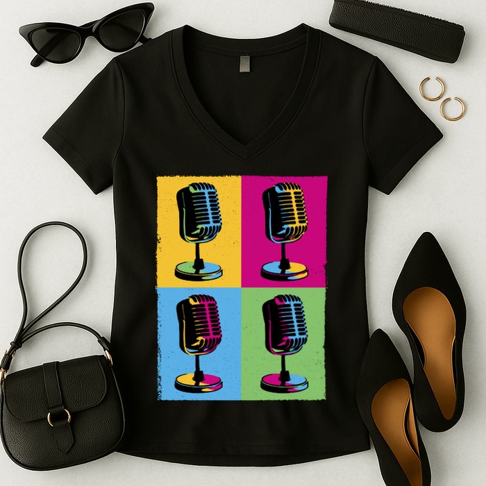 Pop Art Microphone Music Women's V-Neck T-Shirt
