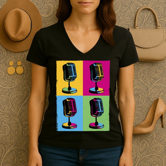 Pop Art Microphone Music Women's V-Neck T-Shirt