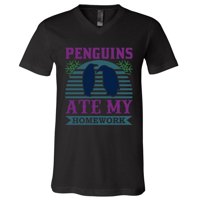 Penguins Ate My Homework V-Neck T-Shirt