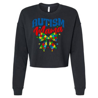 Proud Autism Mama - Autism Awareness Coquette Bow Autism Mom Gift Cropped Pullover Crew