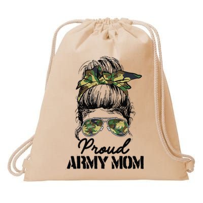 Proud Army Mom Camouflage Messy Bun Soldier Mother's Day Drawstring Bag