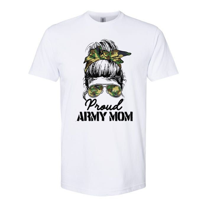 Proud Army Mom Camouflage Messy Bun Soldier Mother's Day Softstyle CVC T-Shirt