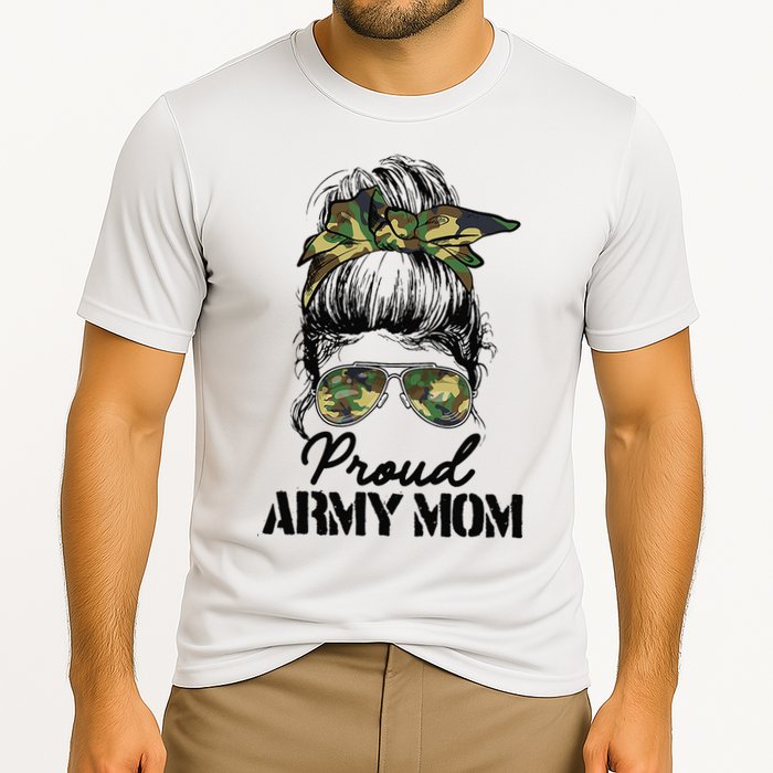 Proud Army Mom Camouflage Messy Bun Soldier Mother's Day Cooling Performance Crew T-Shirt