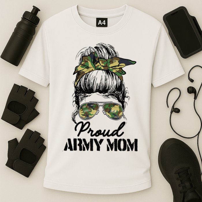 Proud Army Mom Camouflage Messy Bun Soldier Mother's Day Cooling Performance Crew T-Shirt