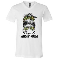 Proud Army Mom Camouflage Messy Bun Soldier Mother's Day V-Neck T-Shirt