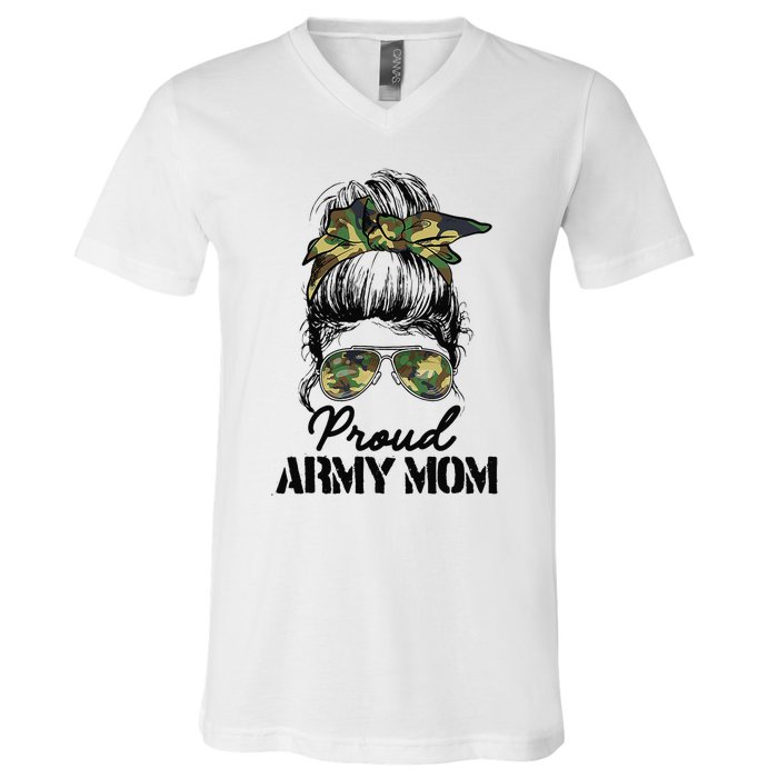 Proud Army Mom Camouflage Messy Bun Soldier Mother's Day V-Neck T-Shirt