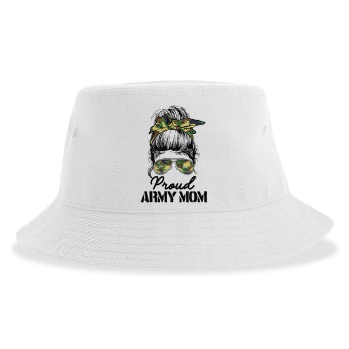 Proud Army Mom Camouflage Messy Bun Soldier Mother's Day Sustainable Bucket Hat