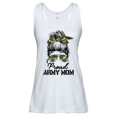 Proud Army Mom Camouflage Messy Bun Soldier Mother's Day Ladies Essential Flowy Tank