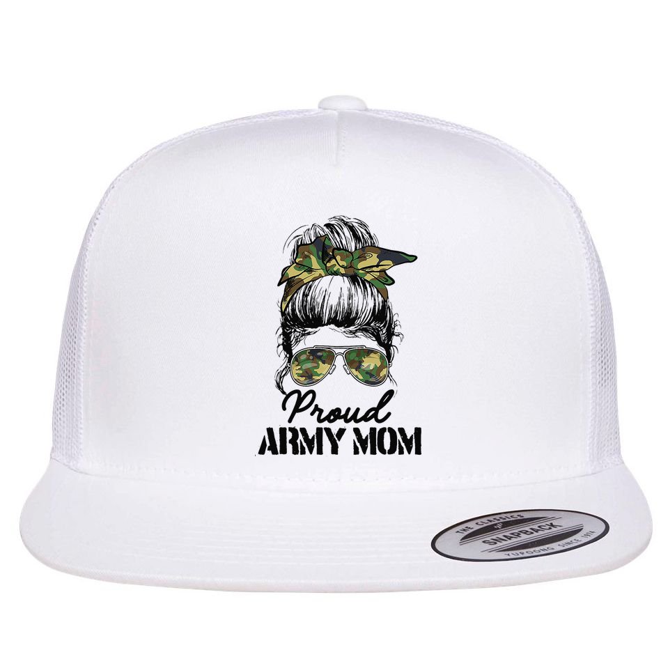 Proud Army Mom Camouflage Messy Bun Soldier Mother's Day Flat Bill Trucker Hat