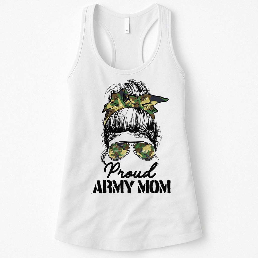 Proud Army Mom Camouflage Messy Bun Soldier Mother's Day Womens Tank Top