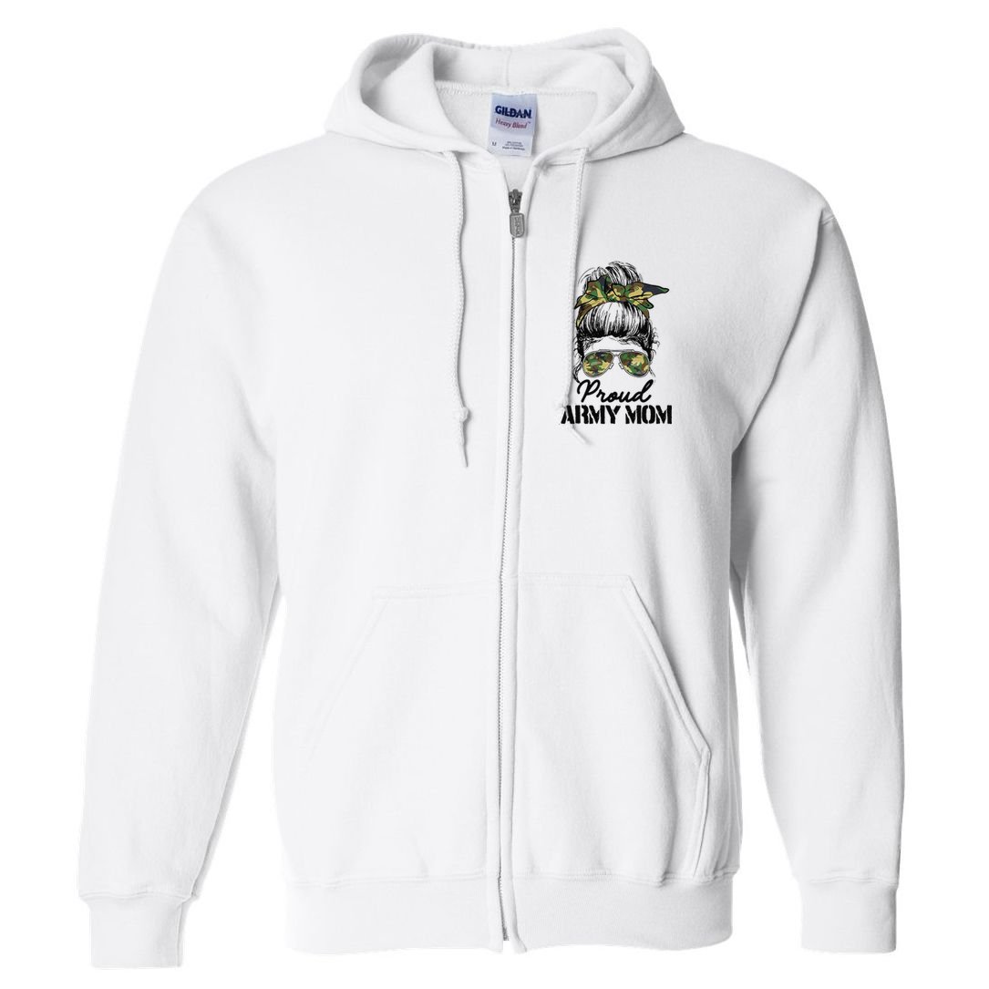 Proud Army Mom Camouflage Messy Bun Soldier Mother's Day Full Zip Hoodie