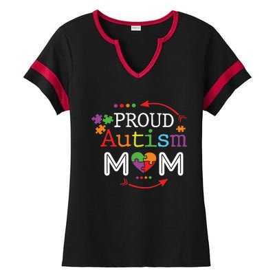 Proud Autism Mom Mama Mother Puzzle Piece Heart Great Gift Ladies Halftime Notch Neck Tee