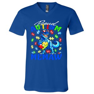 Proud Autism Memaw Dinosaur Autism Awareness Gift V-Neck T-Shirt