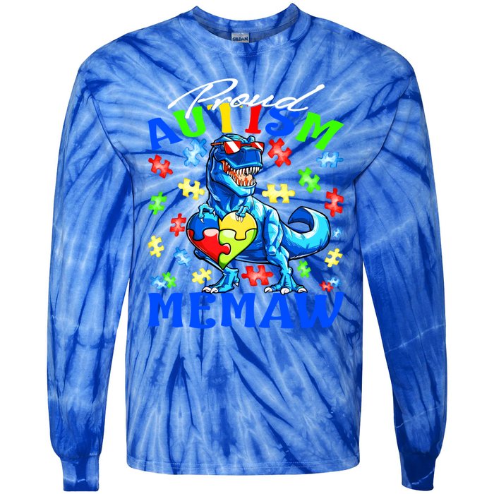 Proud Autism Memaw Dinosaur Autism Awareness Gift Tie-Dye Long Sleeve Shirt