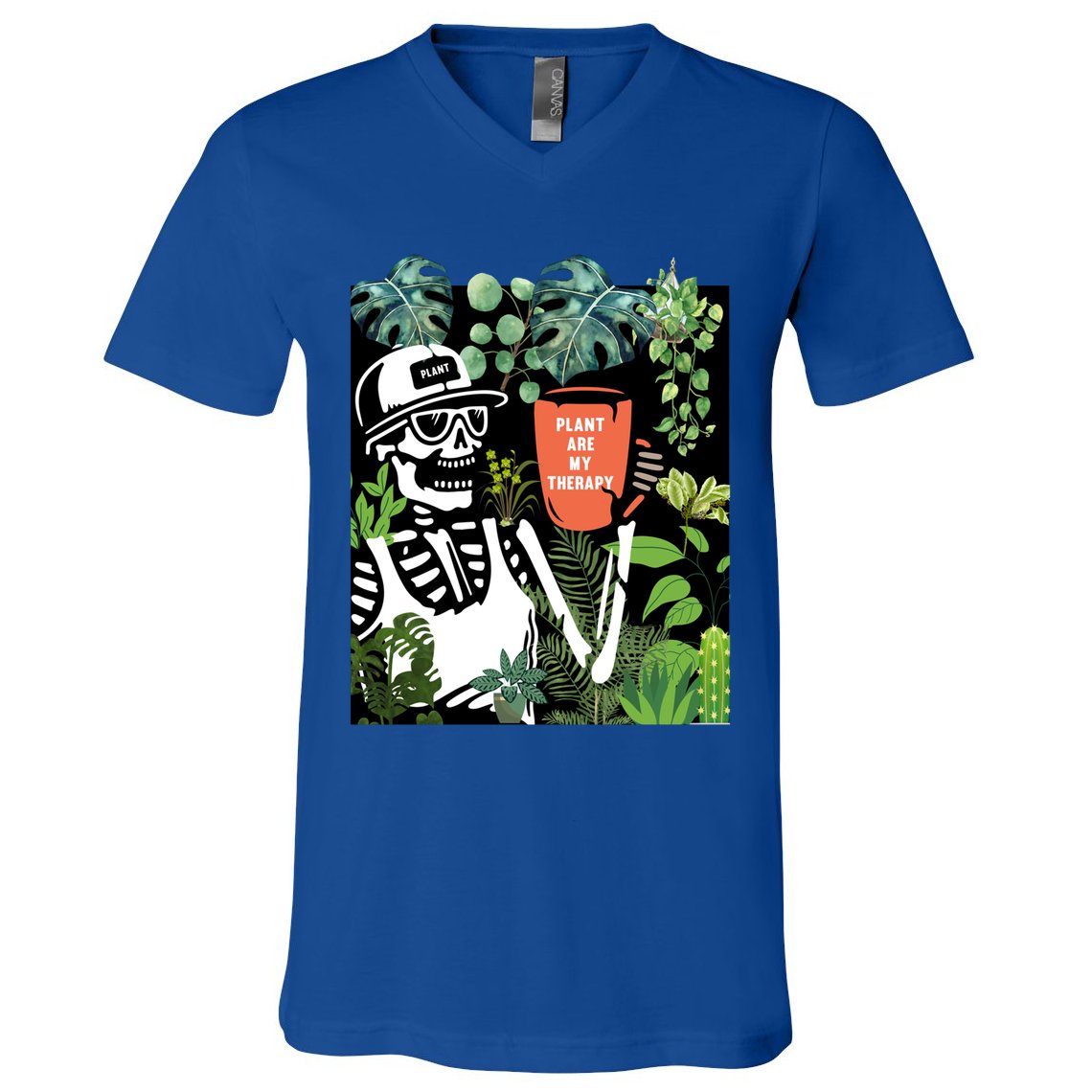 Plants Are My Therapy Skeleton Funny Plant Lover Gardener Gift V-Neck T-Shirt