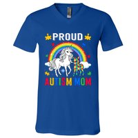 Proud Autism Mom Puzzle Pieces Unicorn Autism Awareness Gift V-Neck T-Shirt