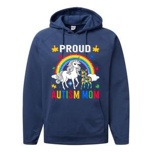 Proud Autism Mom Puzzle Pieces Unicorn Autism Awareness Gift Performance Fleece Hoodie