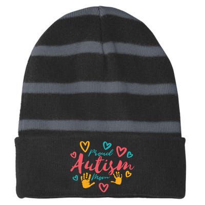 Proud Autism Mom Handprints Striped Beanie with Solid Band