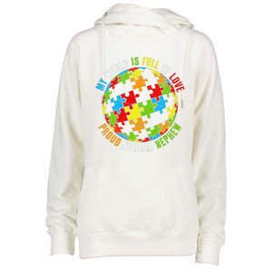 Proud Autism Nephew Puzzle World Awareness Womens Funnel Neck Pullover Hood