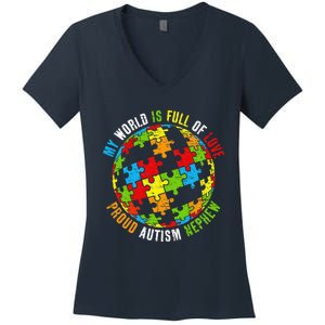 Proud Autism Nephew Puzzle World Awareness Women's V-Neck T-Shirt