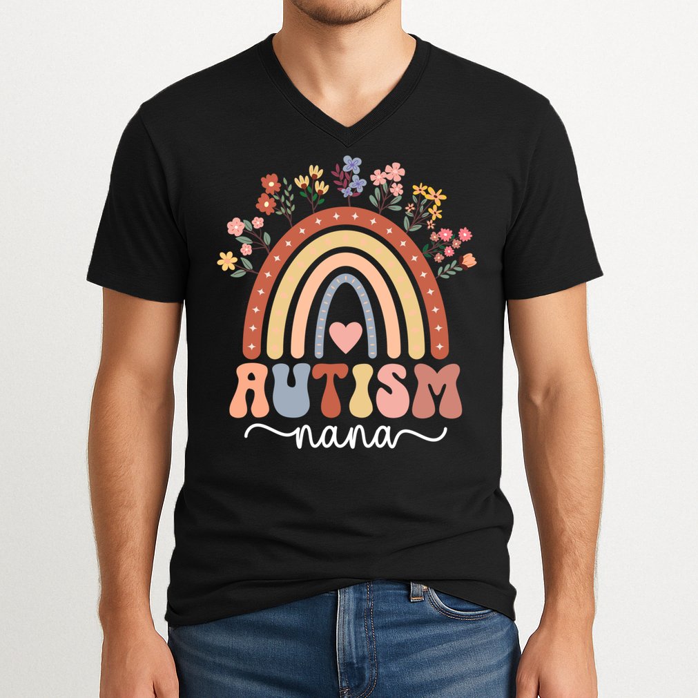 proud autism nana rainbow autism warrior nana grandma gift V-Neck T-Shirt
