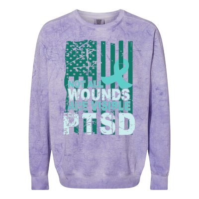 PTSD Awareness Not All Wounds Are Visible Teal Ribbon Flag Colorblast Crewneck Sweatshirt