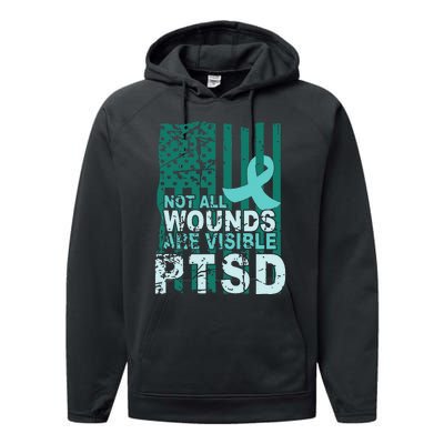 PTSD Awareness Not All Wounds Are Visible Teal Ribbon Flag Performance Fleece Hoodie