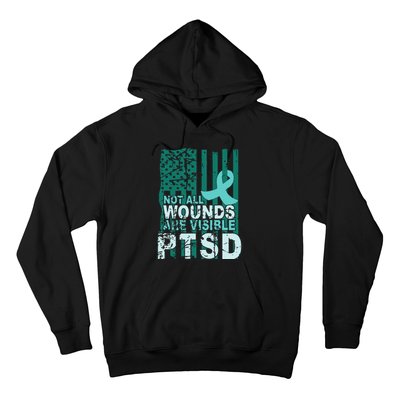 PTSD Awareness Not All Wounds Are Visible Teal Ribbon Flag Hoodie