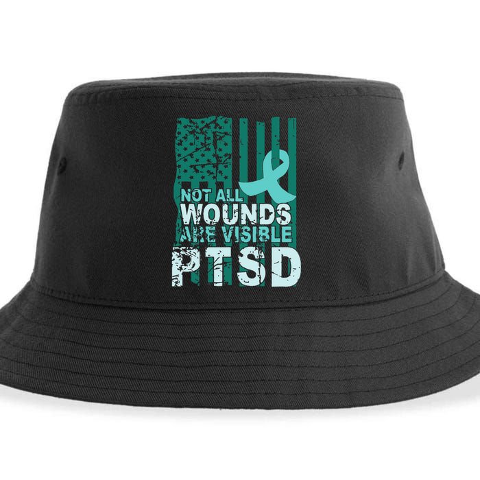 PTSD Awareness Not All Wounds Are Visible Teal Ribbon Flag Sustainable Bucket Hat