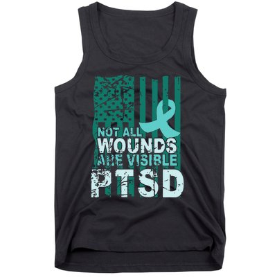 PTSD Awareness Not All Wounds Are Visible Teal Ribbon Flag Tank Top