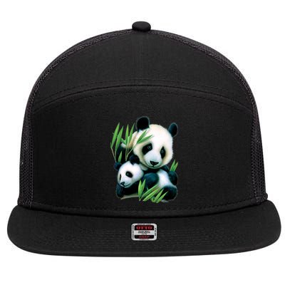 Panda and Cub 7 Panel Mesh Trucker Snapback Hat