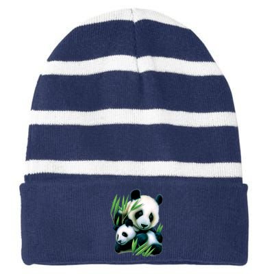 Panda and Cub Striped Beanie with Solid Band