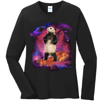 Panda Surfing Bacon In Space Ladies Long Sleeve Shirt