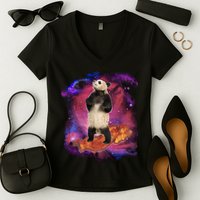 Panda Surfing Bacon In Space Women's V-Neck T-Shirt