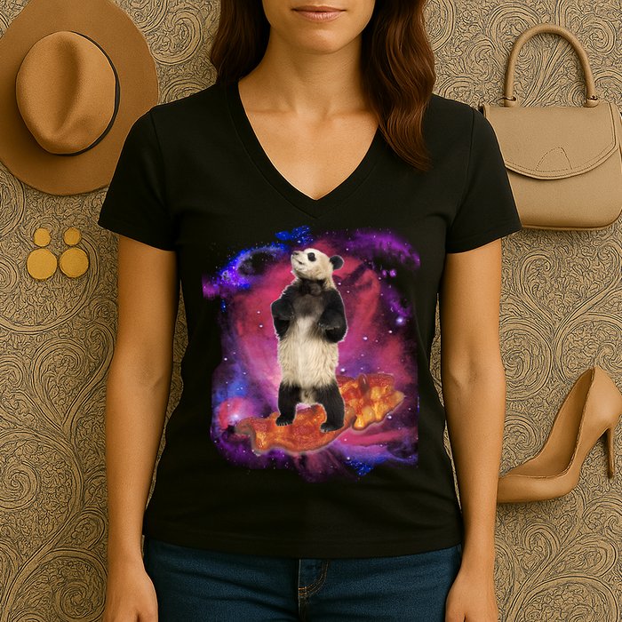 Panda Surfing Bacon In Space Women's V-Neck T-Shirt