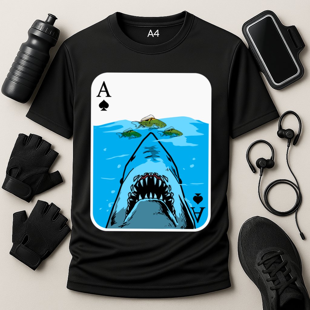 Poker Ace Of Spades Shark Hunting Fish Texas HoldEm Poker Cool Gift Cooling Performance Crew T-Shirt